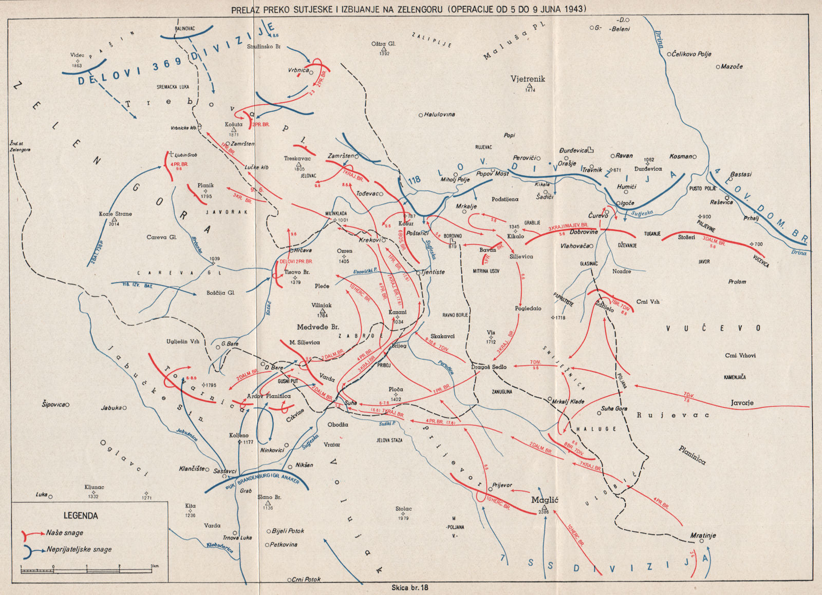 OP. SCHWARZ. 5th offensive. Breakthrough Sutjeska June 1943. Zelengora 1957 map